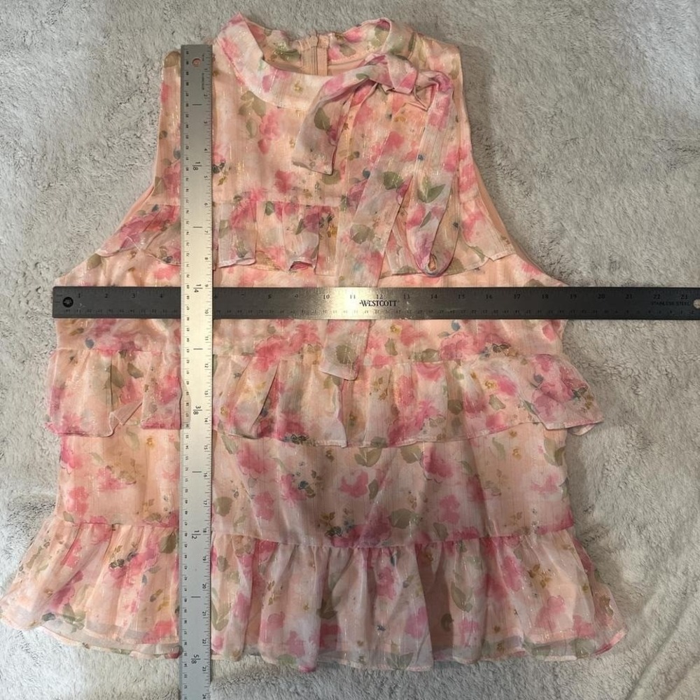 Romantic tiered layered floral top bay pink ruffle top tie neck LARGE - Picture 5 of 8